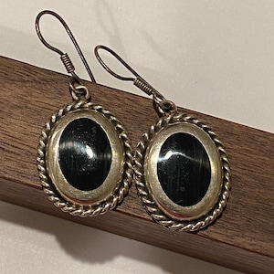 Taxco Onyx Sterling Earrings 925 Silver Rope Black Mexico Oval Vintage Jewelry Southwestern Birthday Anniversary Christmas Gift Goth