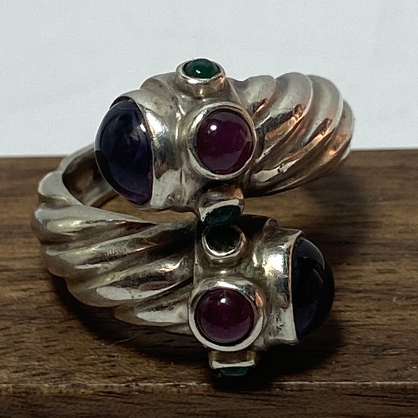 Multi Stone Sterling Bypass Ring Sz 7 Amethyst Garnet Green Onyx 925 Silver Vintage Jewelry Southwestern Birthday Christmas Gift Majoobi