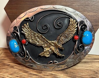 Navajo Turquoise Red Coral Buffalo Nickel Belt Buckle Eagle  display picture 2