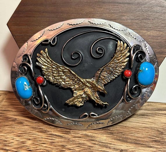 Navajo Turquoise Red Coral Belt Buckle Nickel 925 Sterling  display picture 3