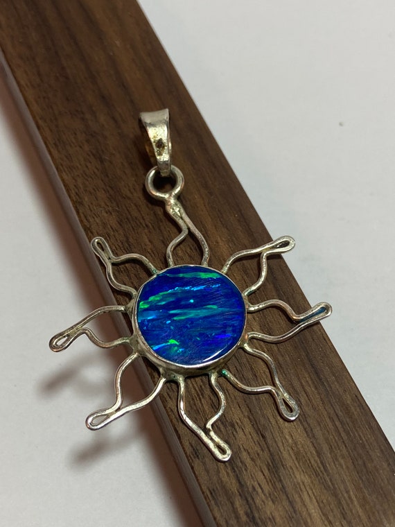 Blue Fire Opal Sterling Sun Pendant 925 SIlver Mex