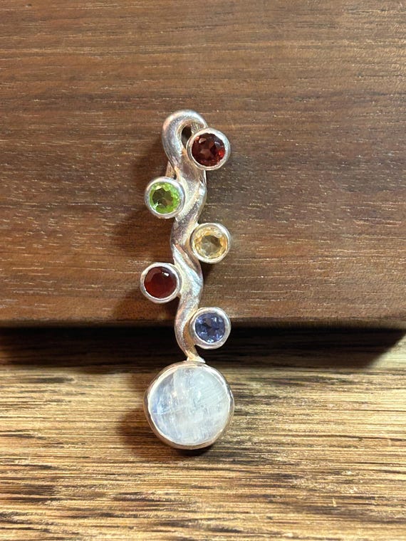Multi Stone Sterling Pendant Moonstone Garnet Peridot Citrine Amethyst 925 Silver Vintage Jewelry Southwestern Christmas Birthday Gift Boho View 3