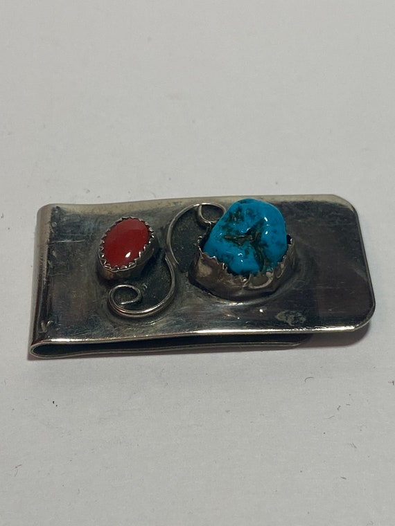 Navajo Turquoise Red Coral Sterling Money Clip Mu… - image 4