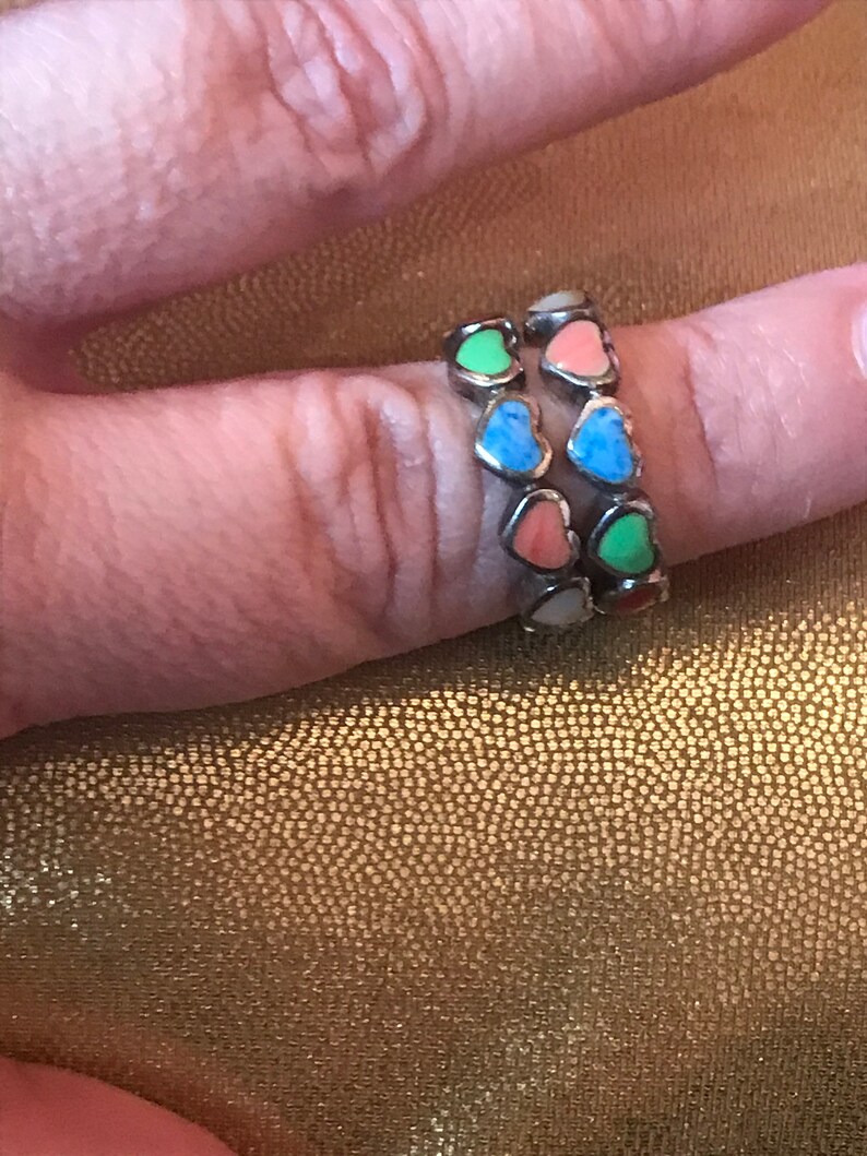 Multi Stone Sterling Heart Ring Sz 7 Pink Red Coral Lapis Gaspeite Pearl MOP 925 Silver Band Vintage Jewelry Christmas Birthday Gift Bridal