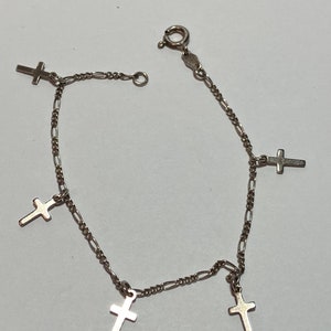 Sterling Cross Charm Bracelet 7.5&quot; 925 Silver Italy Vintage Jewelry Confirmation Birthday Christmas Gift Religious Catholic Christian Jesus