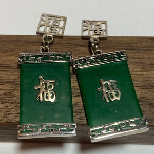 Green Jade Sterling Earrings Good Fortune Luck Symbols 925 Silver Vintage Jewelry Anniversary Christmas Birthday Gift Jadeite  Asian