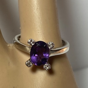 Amethyst Sterling Ring Sz 6 Multi Stone White Topaz 925 Silver Vintage Jewelry Southwestern Birthday Anniversary Christmas Gift Valentine&#39;s