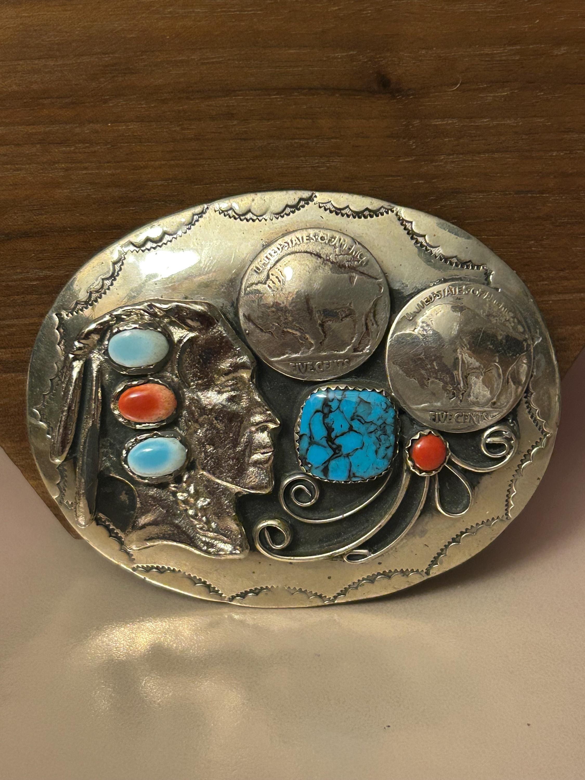 Vtg Navajo Buffalo Head Belt Buckle Turquoise & Coral Native American Handmade Navajo Turquoise Red Coral Buffalo Nickel Belt Buckle  main image 4