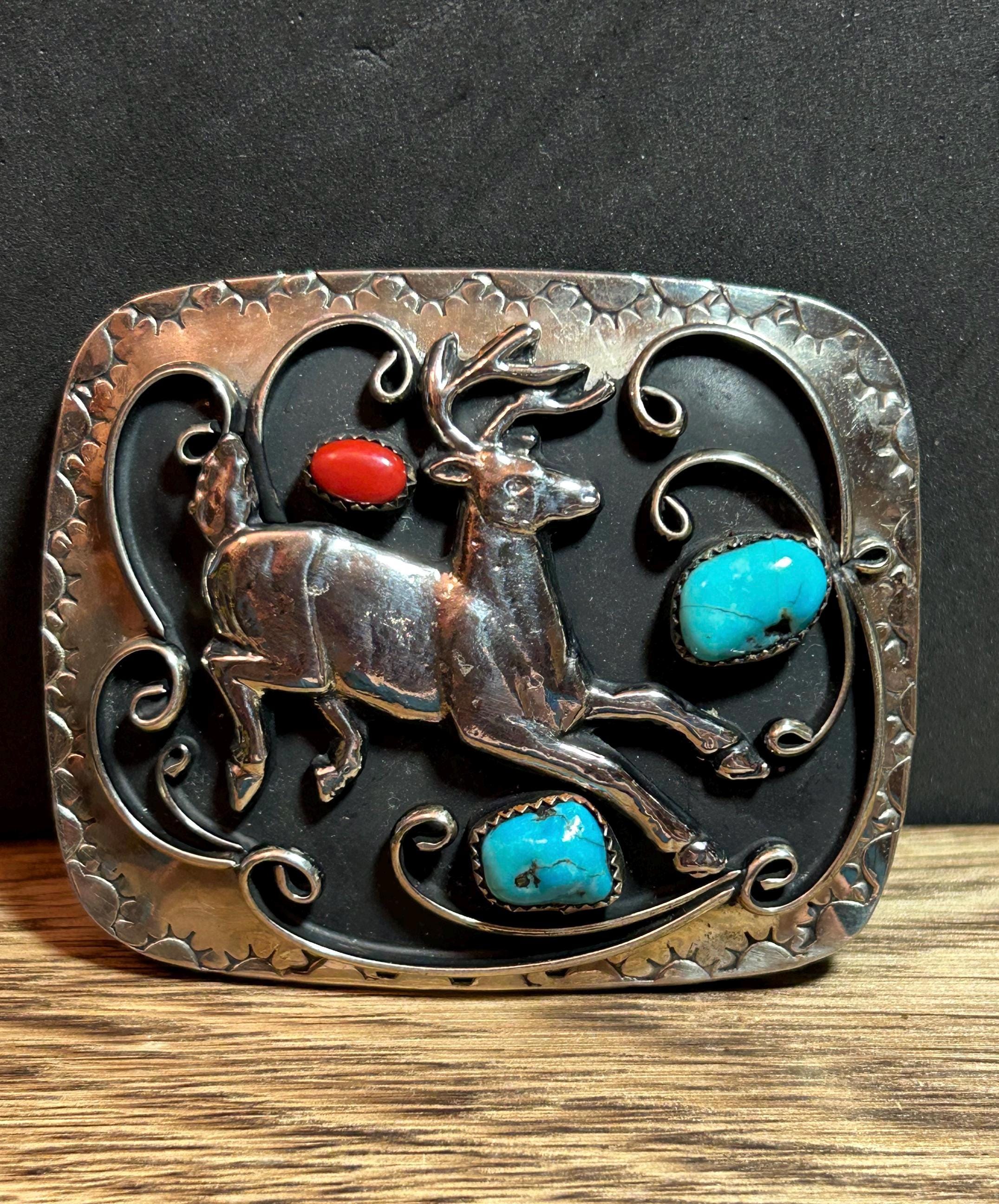 Navajo Turquoise Red Coral Belt Buckle Nickel Sterling  display picture 3