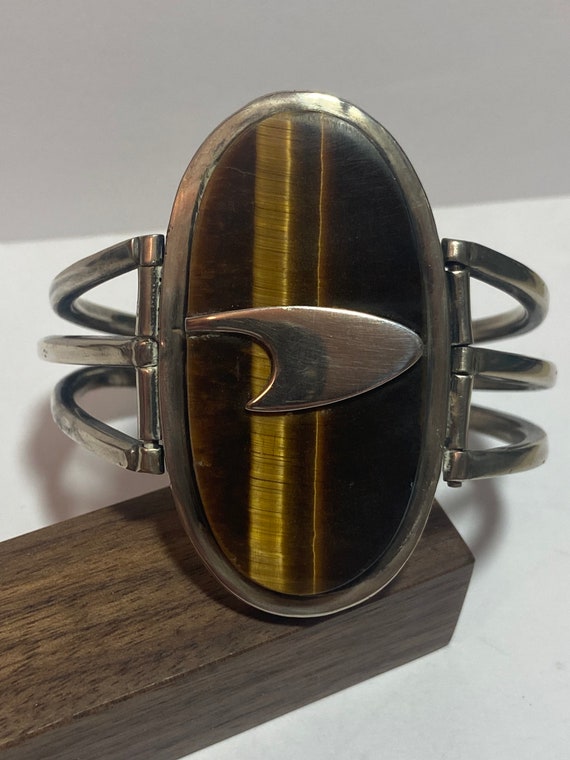 HUGE Taxco Tiger's Eye Sterling Bracelet Bangle 9… - image 1