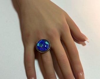 Bague diachronique en verre sterling Sz 7 CII en argent 925 fusionné Mexique vintage mexicain du sud-ouest des États-Unis, bijoux d'anniversaire, cadeau de Noël