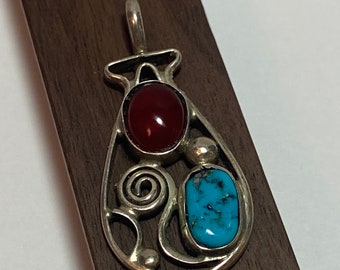 Navajo Multi Stone Sterling Pendant Renelle Perry Turquoise Red Carnelian 925 Silver Native Vintage Jewelry Birthday Christmas Gift