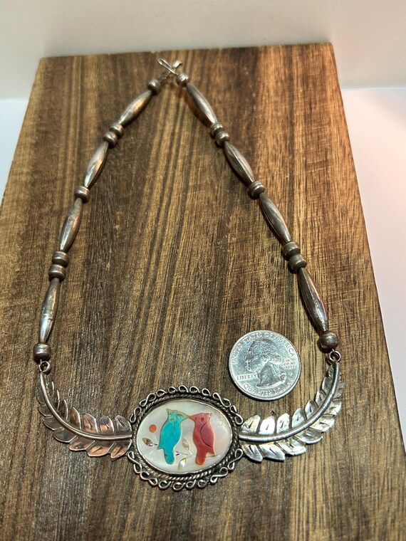 Navajo Turquoise Red Coral Sterling Cardinals Necklace 16.25