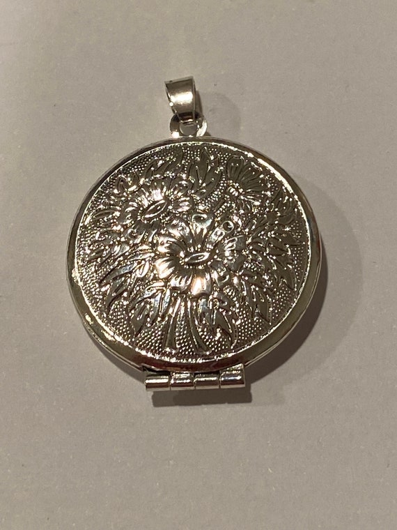 Sterling Round Locket Pendant Etched Floral Flower