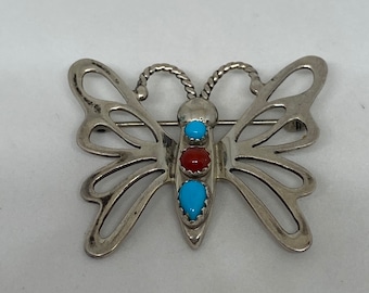 Navajo Turquoise Red Coral Sterling Butterfly Pin Brooch Ernest Hawthorne Multi Stone 925 Silver Vintage Southwestern Jewelry Birthday Gift