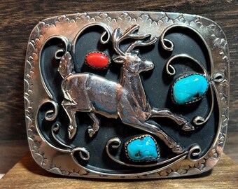 Navajo Turquoise Red Coral Belt Buckle Nickel Sterling  display picture 3