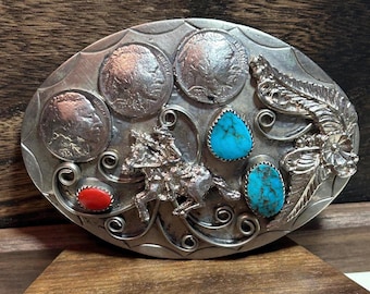 Navajo Turquoise Red Coral Buffalo Nickel Belt Buckle 