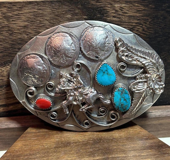 Navajo Turquoise Red Coral Indian Head Buffalo Nickel Belt 