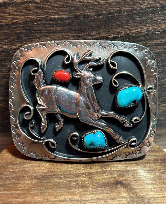 Navajo Turquoise Red Coral Belt Buckle Nickel Sterling  display picture 1