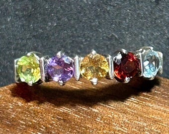 Multi Stone Sterling Ring Sz 7 Peridot Garnet Citrine Blue Topaz Amethyst 925 Silver Vintage Jewelry Birthday Anniversary Christmas Gift
