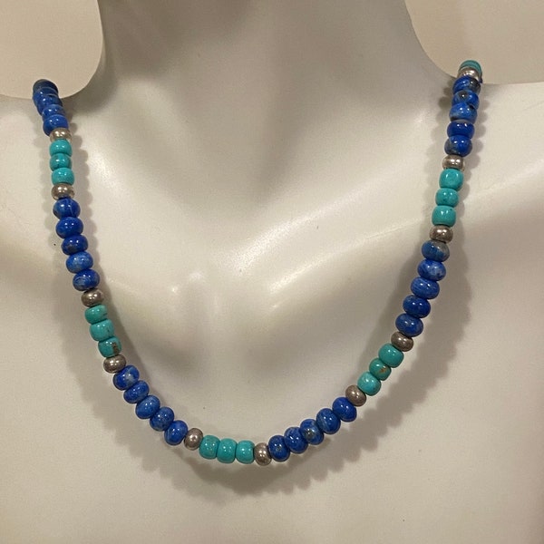 Multi Stone Sterling Necklace 16.5" QT Quoc Turquoise Lapis 925 Silver Beaded Vintage Jewelry Southwestern Native Christmas Birthday Gift