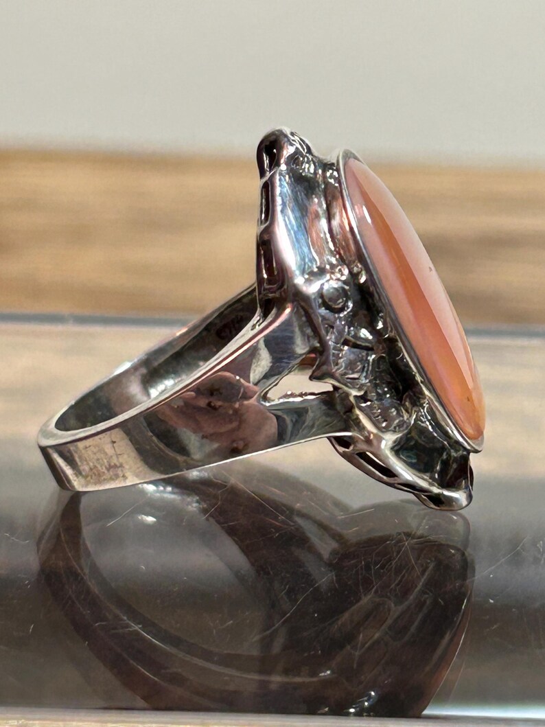 HUGE Coral MOP Sterling Ring Sz 7 Mother of Pearl 925 Silver Vintage ...