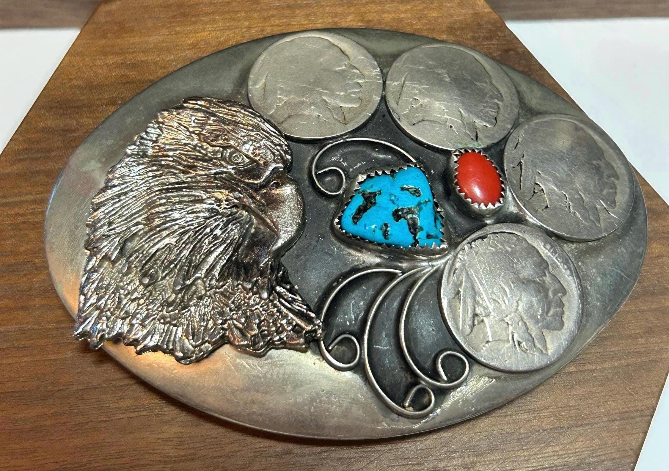 Vintage Silver Navajo Peyote Belt Buckle with Turquoise and Red Design Vintage Navajo Peyote Bird Water Bird Sterling Silver  main image 3