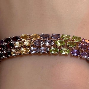 Multi Stone Sterling Bracelet 25.25 ctw 7.25&quot; Garnet Citrine Tanzanite Peridot Amethyst 925 Silver Vintage Jewelry Birthday Christmas Gift