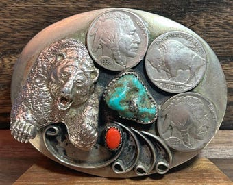 Navajo Turquoise Red Coral Buffalo Nickel Belt Buckle Eagle  display picture 3