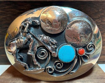 Heavy Vintage Native American Jewelry Navajo End Of Trail Turquoise Coral Sterling Silver Belt Buckle Heavy Vintage Native American Jewelry Navajo End Of Trail Turquoise Coral Sterling Silver Belt Buckle