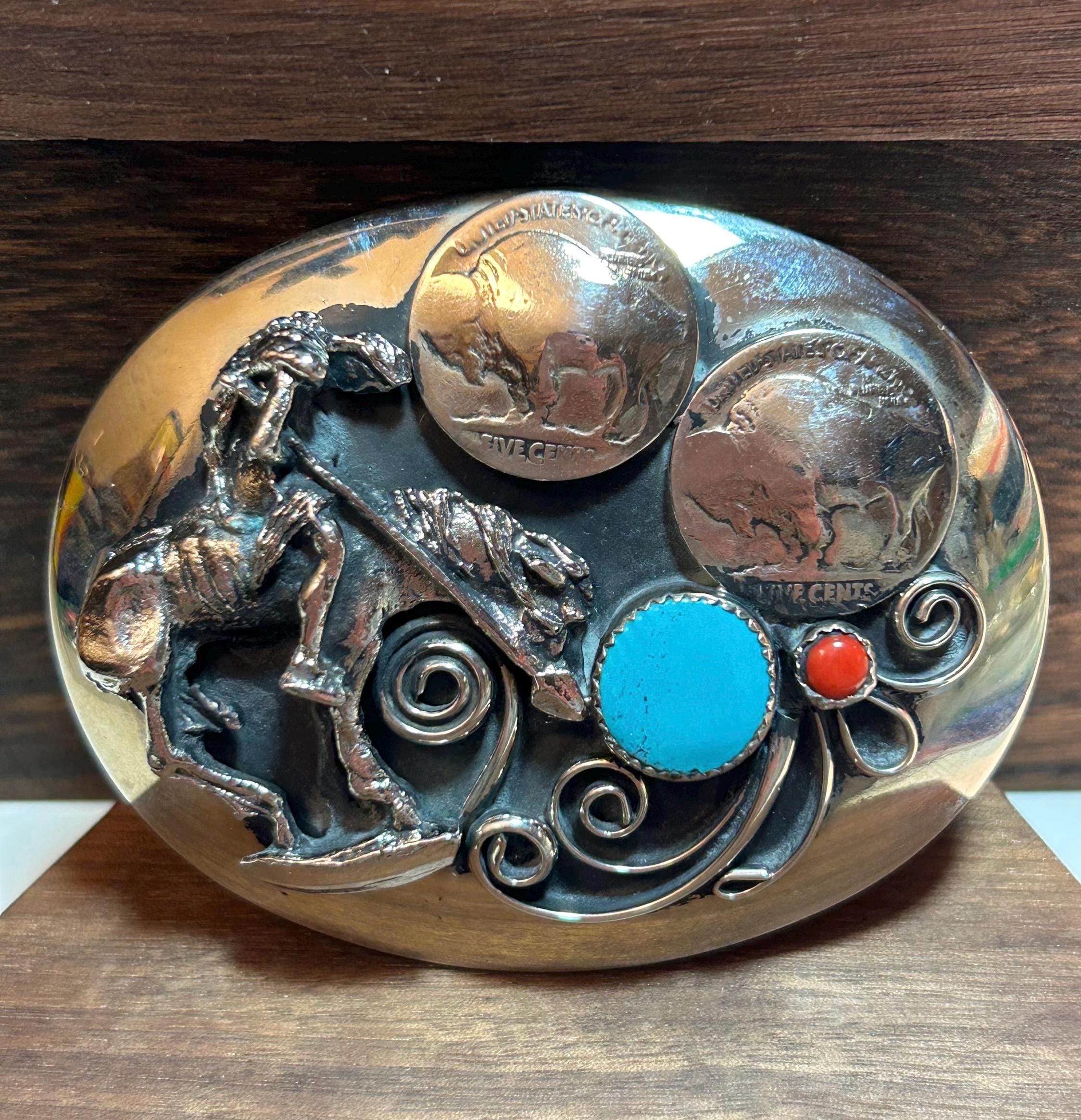 Navajo Turquoise Red Coral Buffalo Nickel Belt Buckle End of 