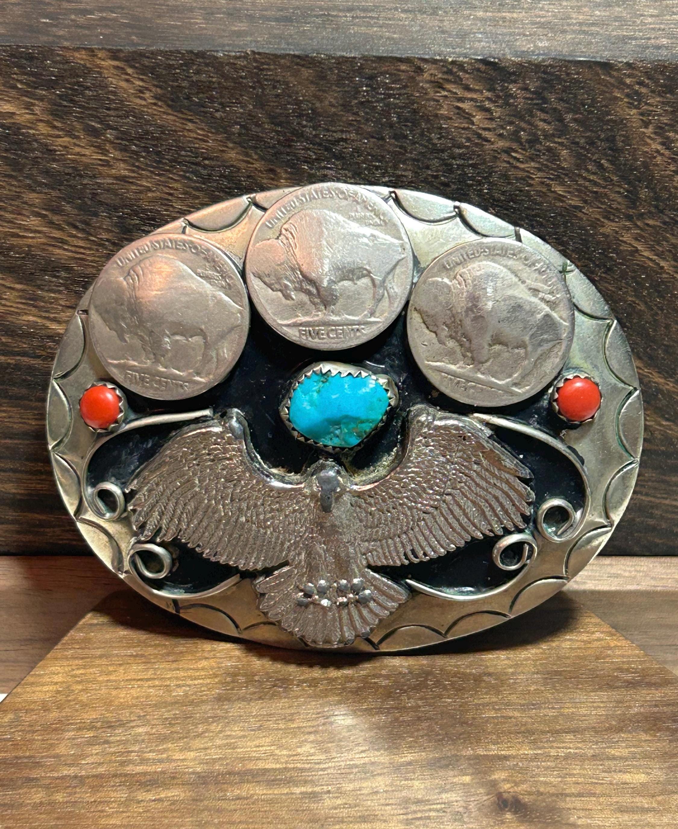 Boucle De Ceinture Indienne Tête D'aigle - Argent, Turquoise, Jaspe Rouge - Vintage - Compatible Ceinture 40 Mm