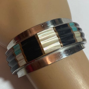 Zuni Multi Stone Sterling Cuff Bracelet Turquoise Jet Jasper MOP 925 Silver Vintage Jewelry Native Christmas Anniversary Birthday Gift