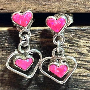 Zuni Pink Fire Opal Sterling Heart Earrings 925 Silver Vintage Jewelry Native Southwestern Christmas Anniversary Birthday Gift Valentine&#39;s