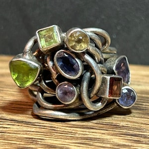 Multi Stone Sterling Ring Sz 7.5 Tanzanite Iolite Peridot Citrine Garnet Amethyst 925 Silver Vintage Jewelry Birthday Christmas Gift Boho