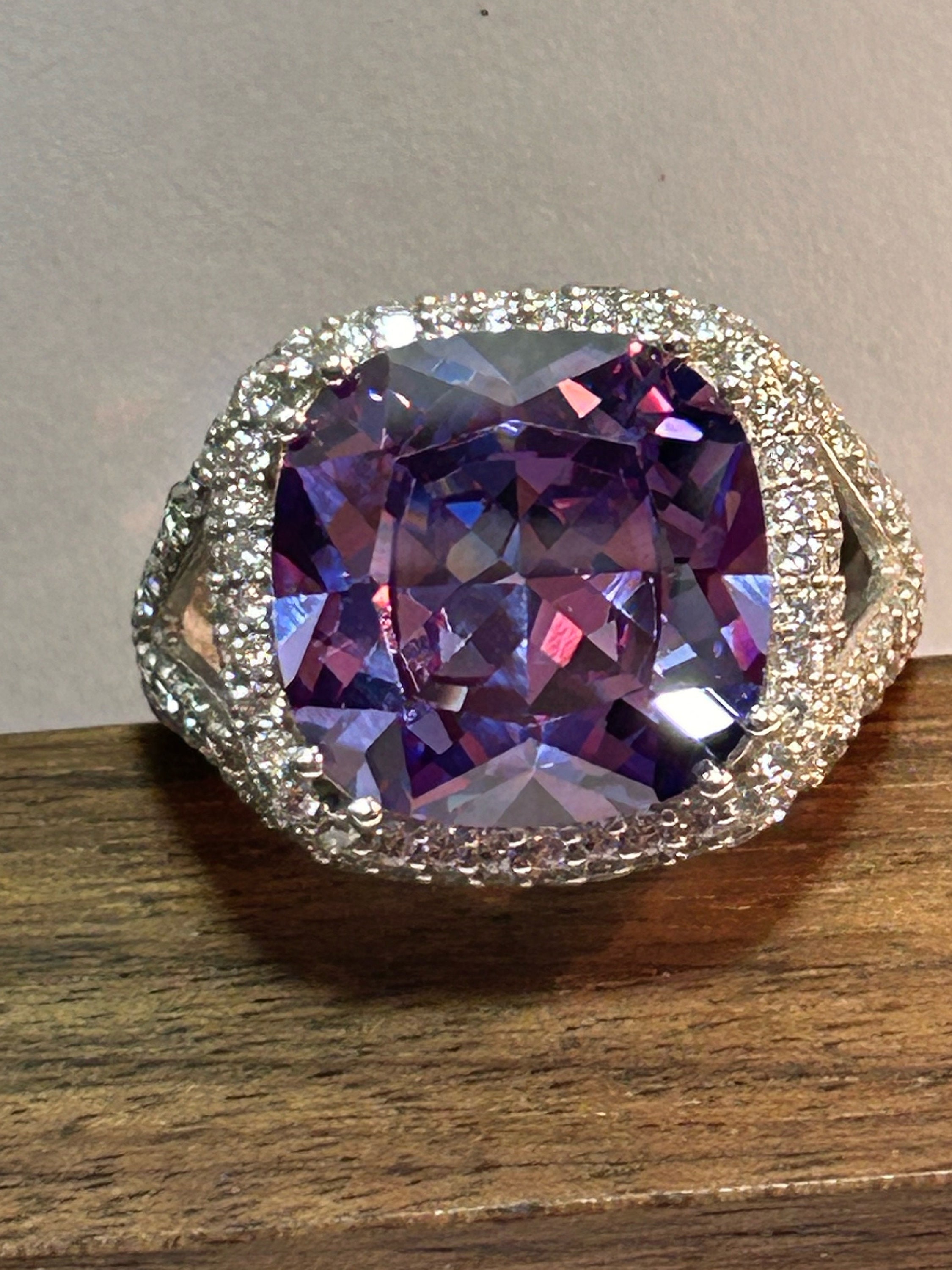 Amethyst Sterling Halo Ring 28.1CT Sz 12 925 Silver Multi
