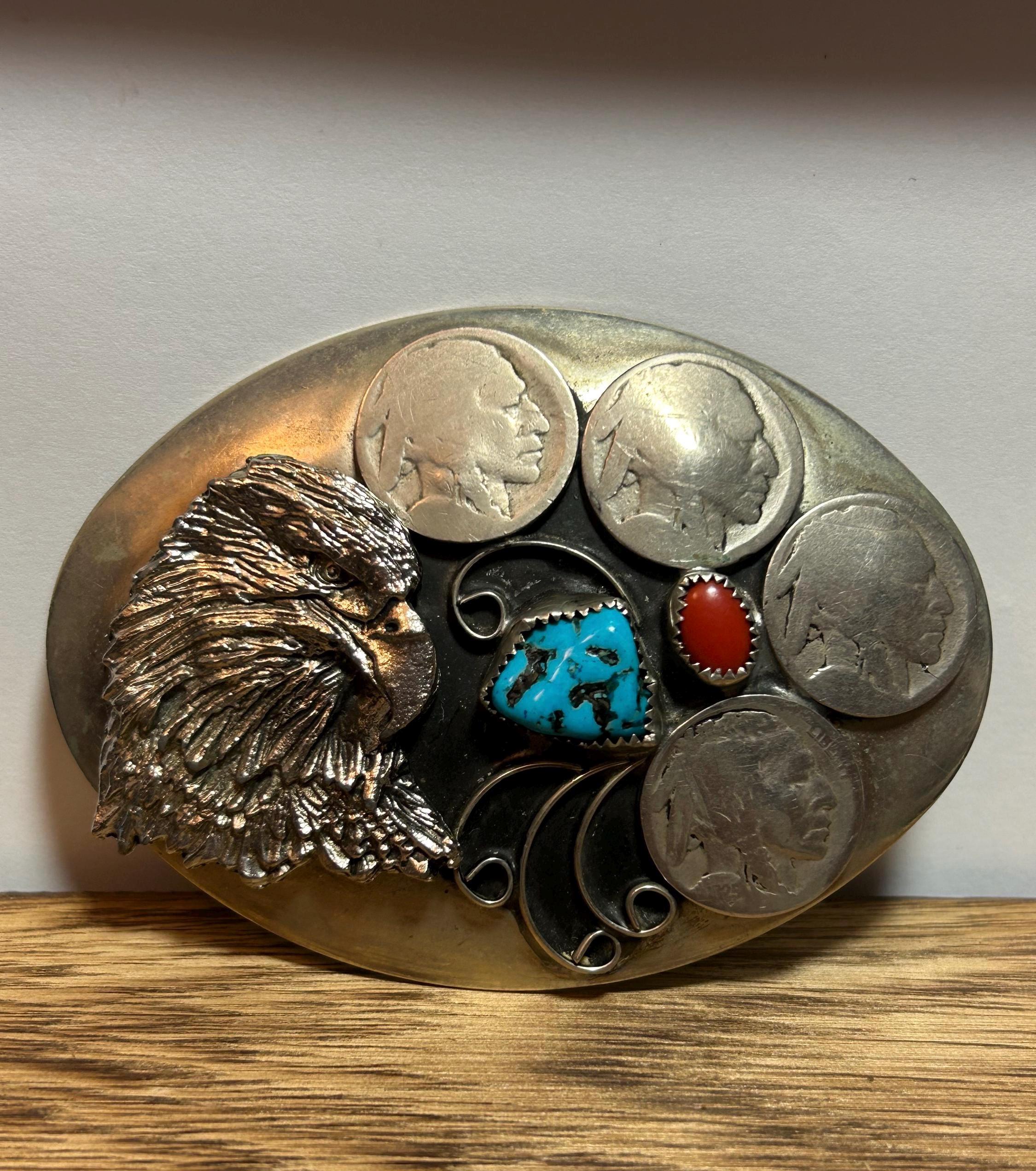 Eagle Belt Buckle. Nickle, Red Coral, Genuine Turquoise Handcrafted USA. Turquoise Red Coral Eagle Sterling Belt Buckle 925 Silver  main image 3