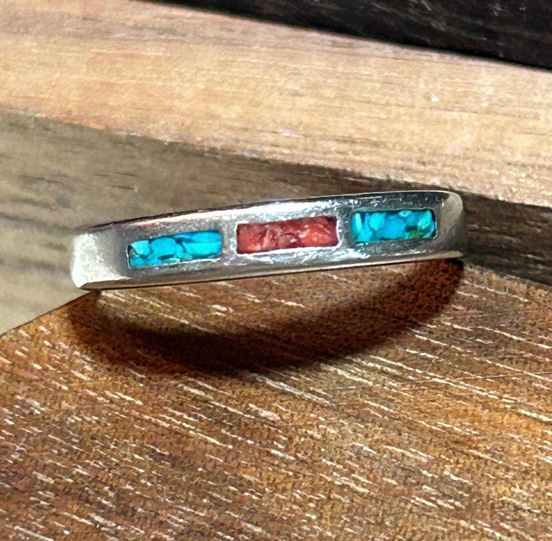 Navajo Turquoise Red Coral Sterling Band Ring Sz 6 Multi Stone 925 ...