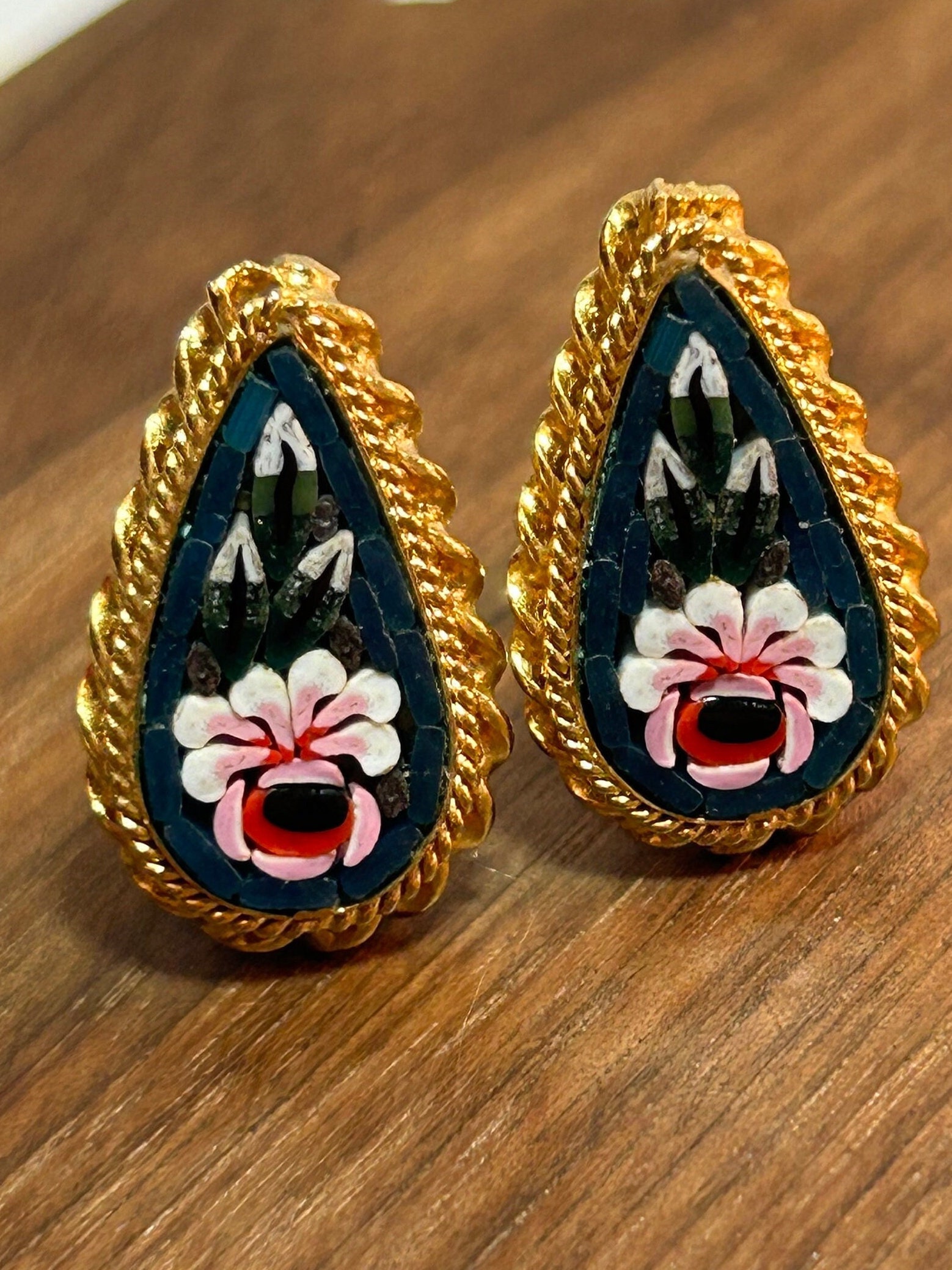 14K Millefiori Micro Mosaic Flowers Earrings Clip-ons Clip on