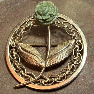 12K tallado jade rosa broche Pin Carla 12KT oro lleno flor floral joyería vintage suroeste Navidad cumpleaños aniversario regalo MCM