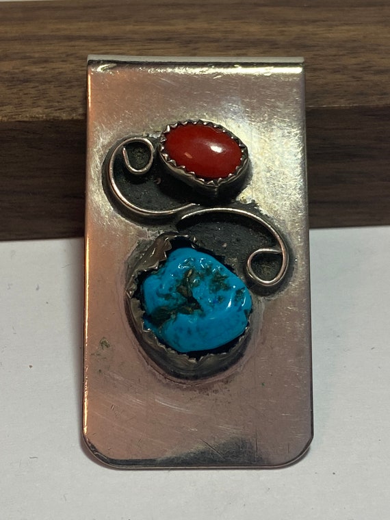 Navajo Turquoise Red Coral Sterling Money Clip Mu… - image 5