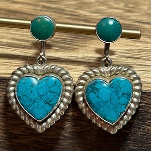 Navajo Sterling Turquoise Heart Earrings Screwbacks Green Blue 925 Silver Vintage Native Jewelry Birthday Anniversary Christmas Gift Tribal