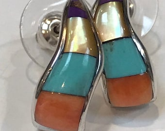 Multi Stone Sterling Earrings Sleeping Beauty Turquoise Purple Mojave Spiny Oyster MOP Pearls 925 Silver Vintage Jewelry Birthday Gift