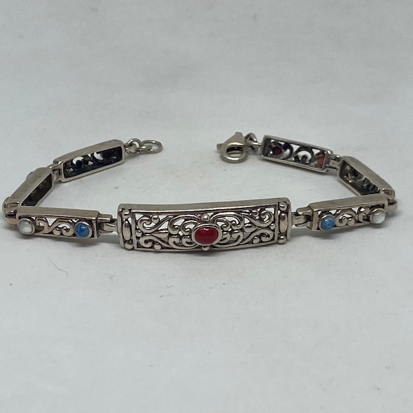 Multi Stone Sterling Bracelet 7.25" 925 Silver Filigree Turquoise Gaspeite Lapis Red Pink Coral Rhodonite MOP Vintage Jewelry Birthday Gift