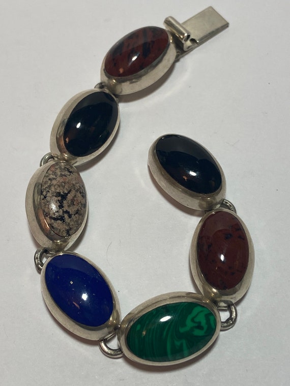 Taxco Multi Stone Sterling Bracelet 6.75" 43g Lap… - image 3
