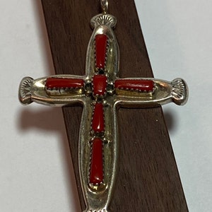 Zuni Red Coral Sterling Cross Pendant  E Kaskalla 925 Silver Native Vintage Jewelry Birthday Christmas Gift Christian Religious Crucifix
