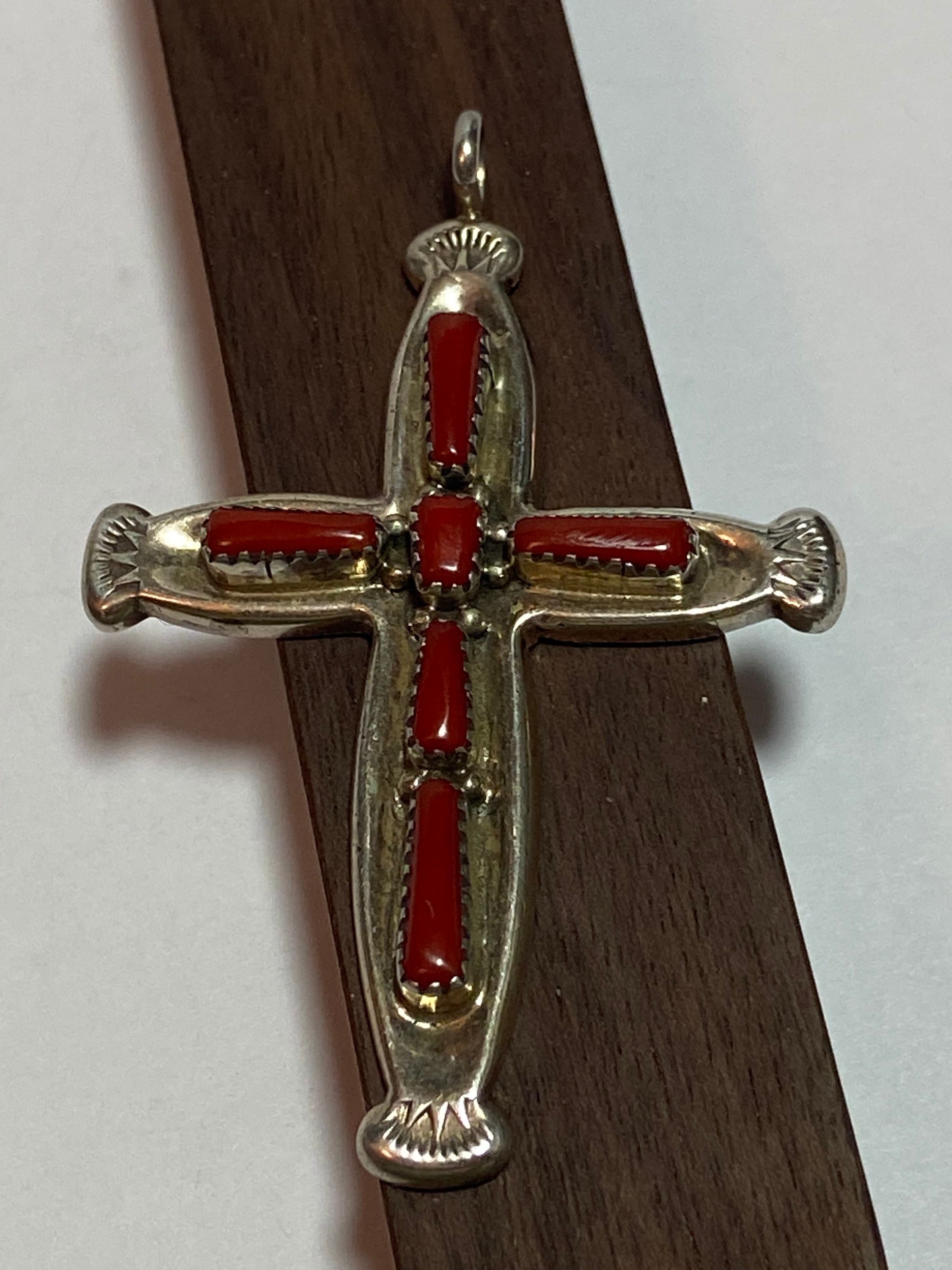 Zuni Red Coral Sterling Cross Pendant E Kaskalla 925 Silver