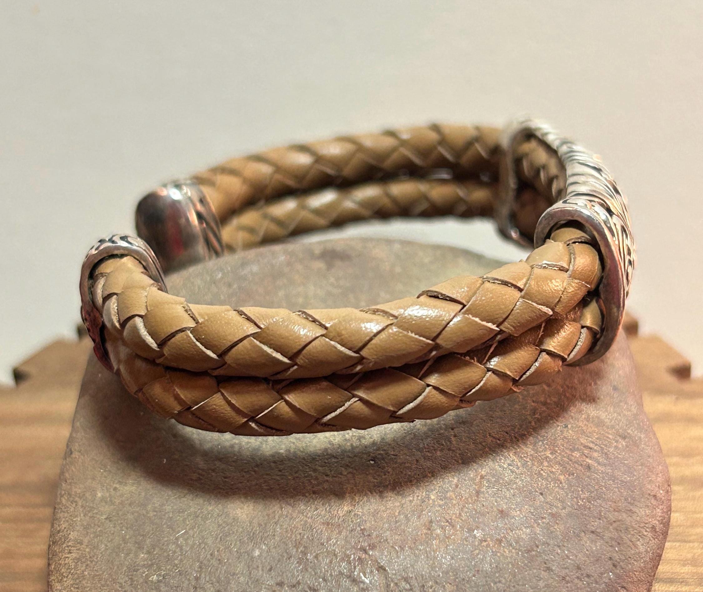 Espo Tan Leather Sterling Cuff Bracelet Joseph Esposito 925  display picture 3