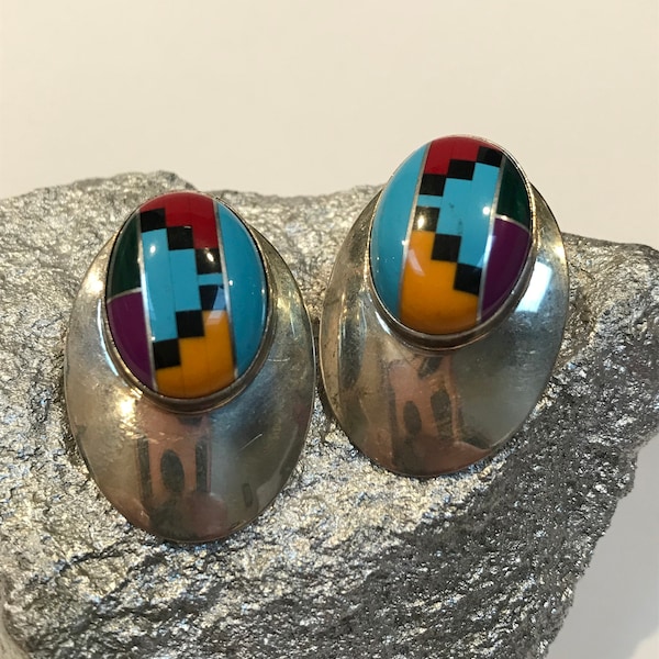 Zuni Multi Stone Sterling Earrings Anson Wallace Sleeping Beauty Turquoise Red Coral Spiny Oyster Sugilite 925 Silver Vintage Jewelry Gift