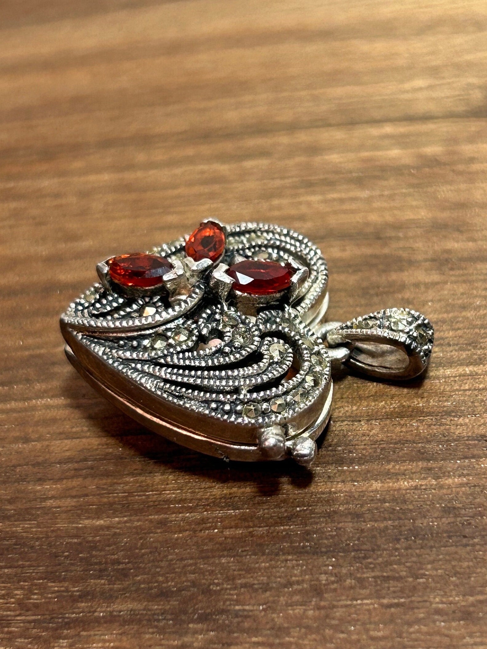 Garnet Sterling Heart Locket Pendant Marcasite Multi Stone 4